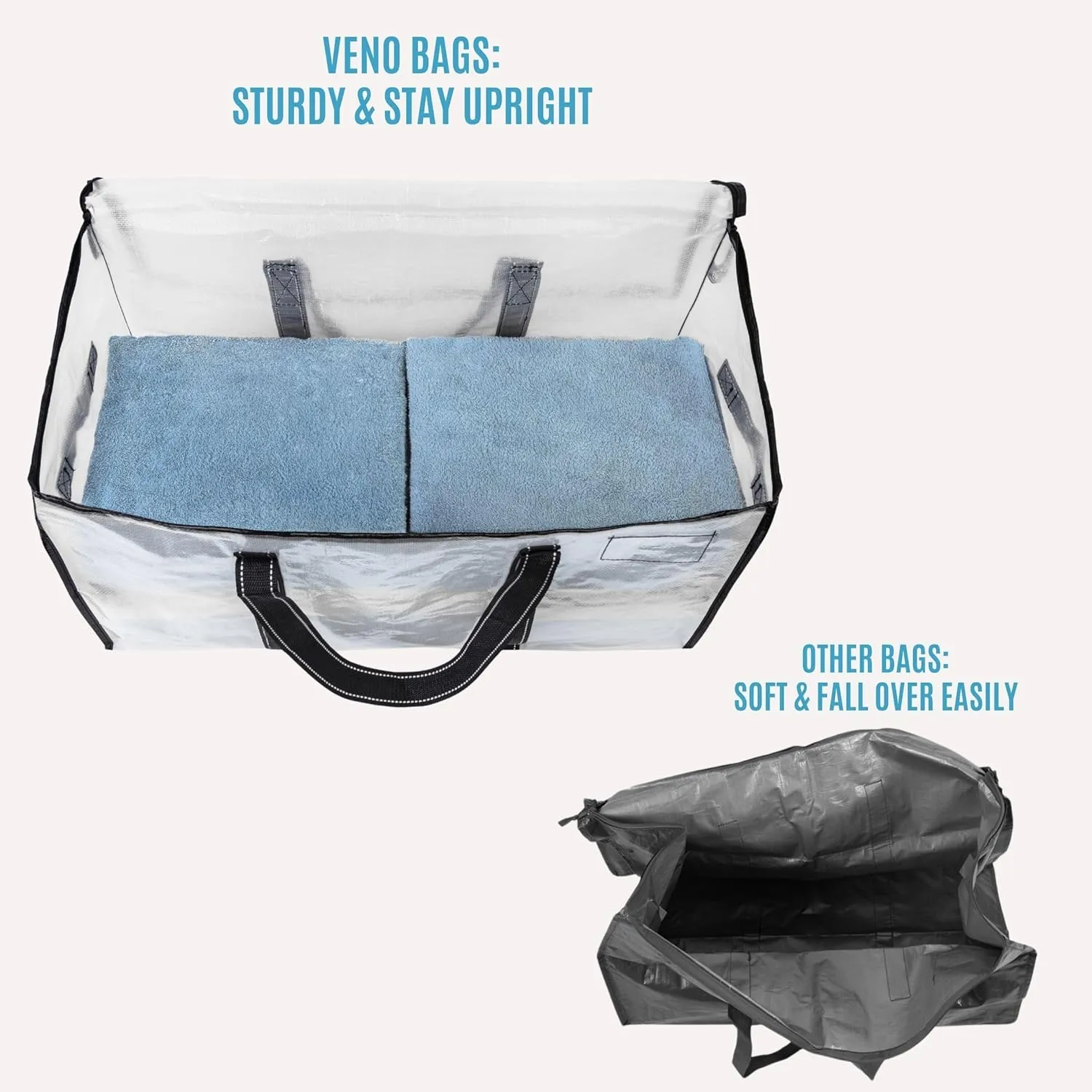 VENO 8 Pack Moving Bags, Heavy Duty, Moving Boxes Alternative, Packing Storage Supplies for Dorm Room Essentials with Zipper for Clothes, Large Totes for Packaging (Clear-8 Pack)