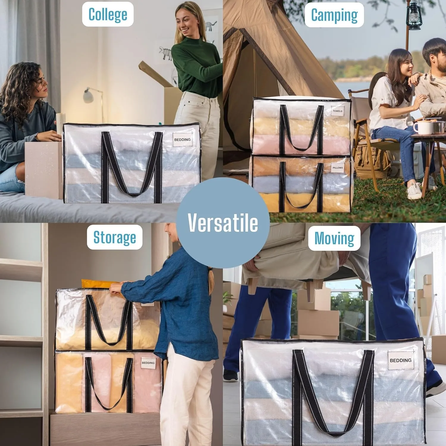 VENO 8 Pack Moving Bags, Heavy Duty, Moving Boxes Alternative, Packing Storage Supplies for Dorm Room Essentials with Zipper for Clothes, Large Totes for Packaging (Clear-8 Pack)