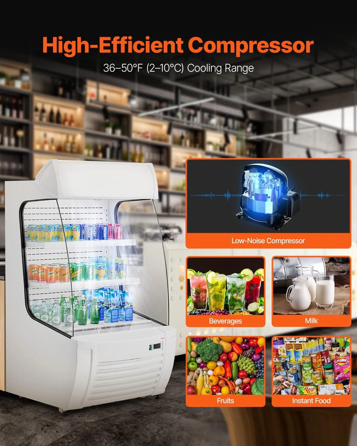 VEVOR Open Air Merchandiser, 2-Tier Shelving Commercial Refrigerator, Grab and Go Display Cooler Refrigerator with Air Curtain, LED Advertising Light, Fits for Restaurants, Stores, Office, 12.7cu.ft.