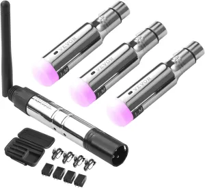 VEVOR Wireless DMX, 4 PCS Built-in Rechargeable Battery 3 Receivers & 1 Transmitter DMX512 Wireless Dfi 2.4G ISM Band 656 ft Transmission Range for LED Stage Party DJ Bar Lighting with Storage Bag