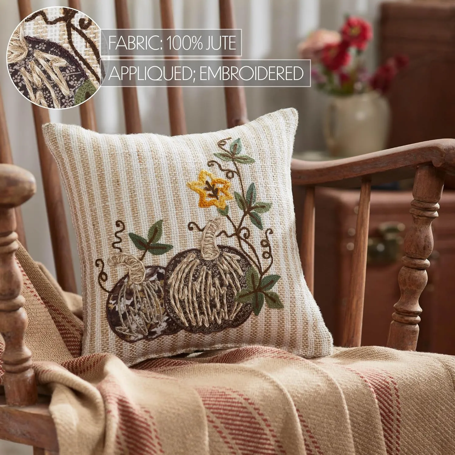 VHC Brands Autumn Pumpkin Patch Stripes Pillow 12x12, Decorative Fall Throw Pillow, Primitive Decor for Fall and Thanksgiving