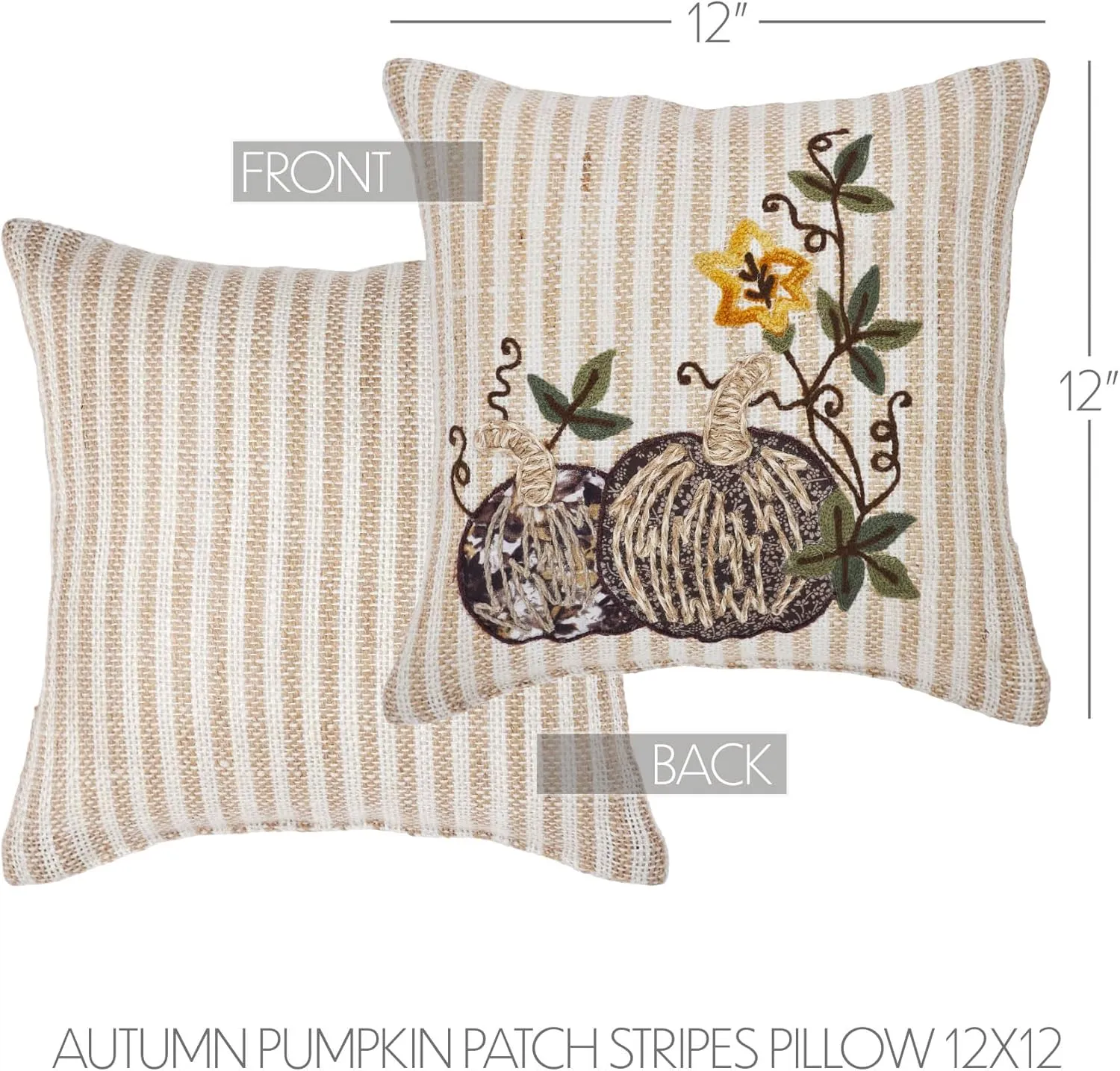 VHC Brands Autumn Pumpkin Patch Stripes Pillow 12x12, Decorative Fall Throw Pillow, Primitive Decor for Fall and Thanksgiving
