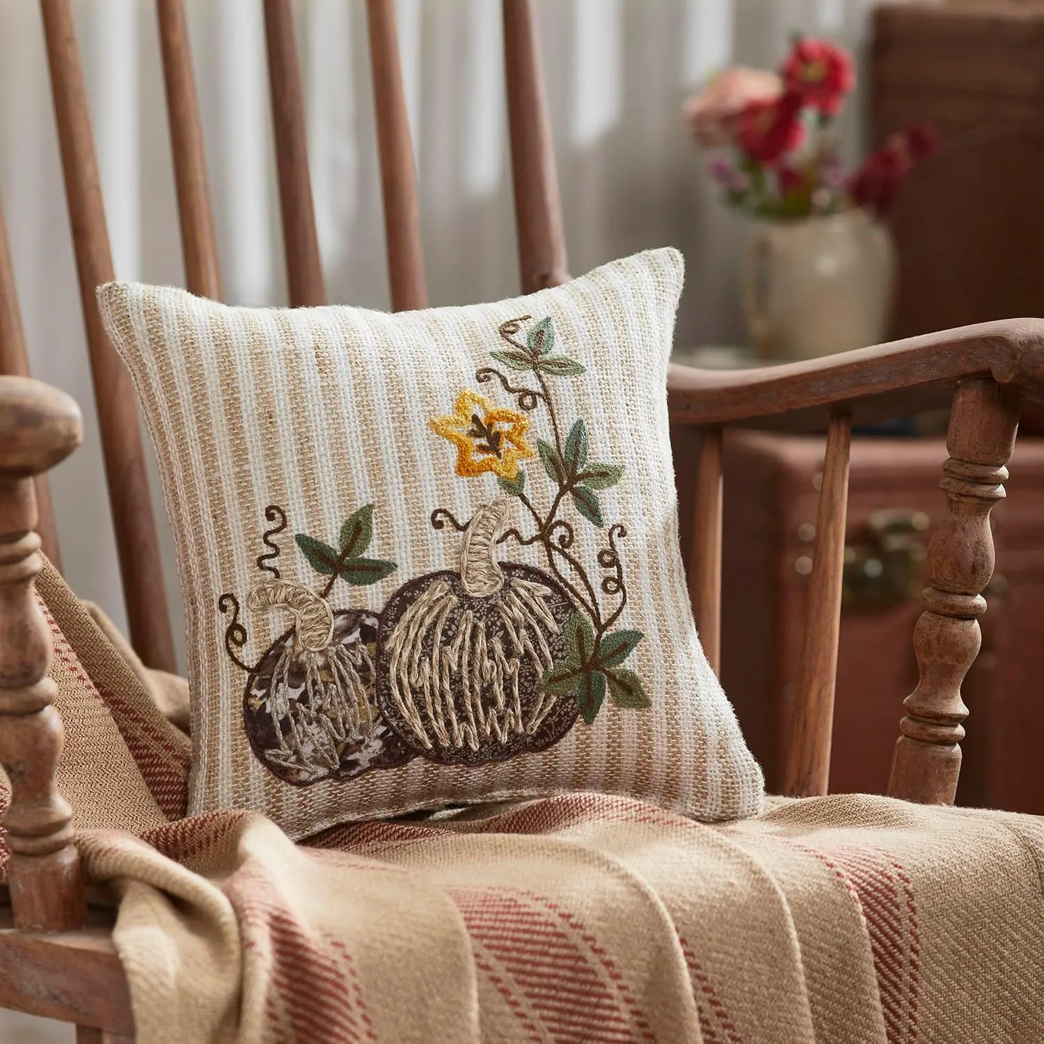 VHC Brands Autumn Pumpkin Patch Stripes Pillow 12x12, Decorative Fall Throw Pillow, Primitive Decor for Fall and Thanksgiving