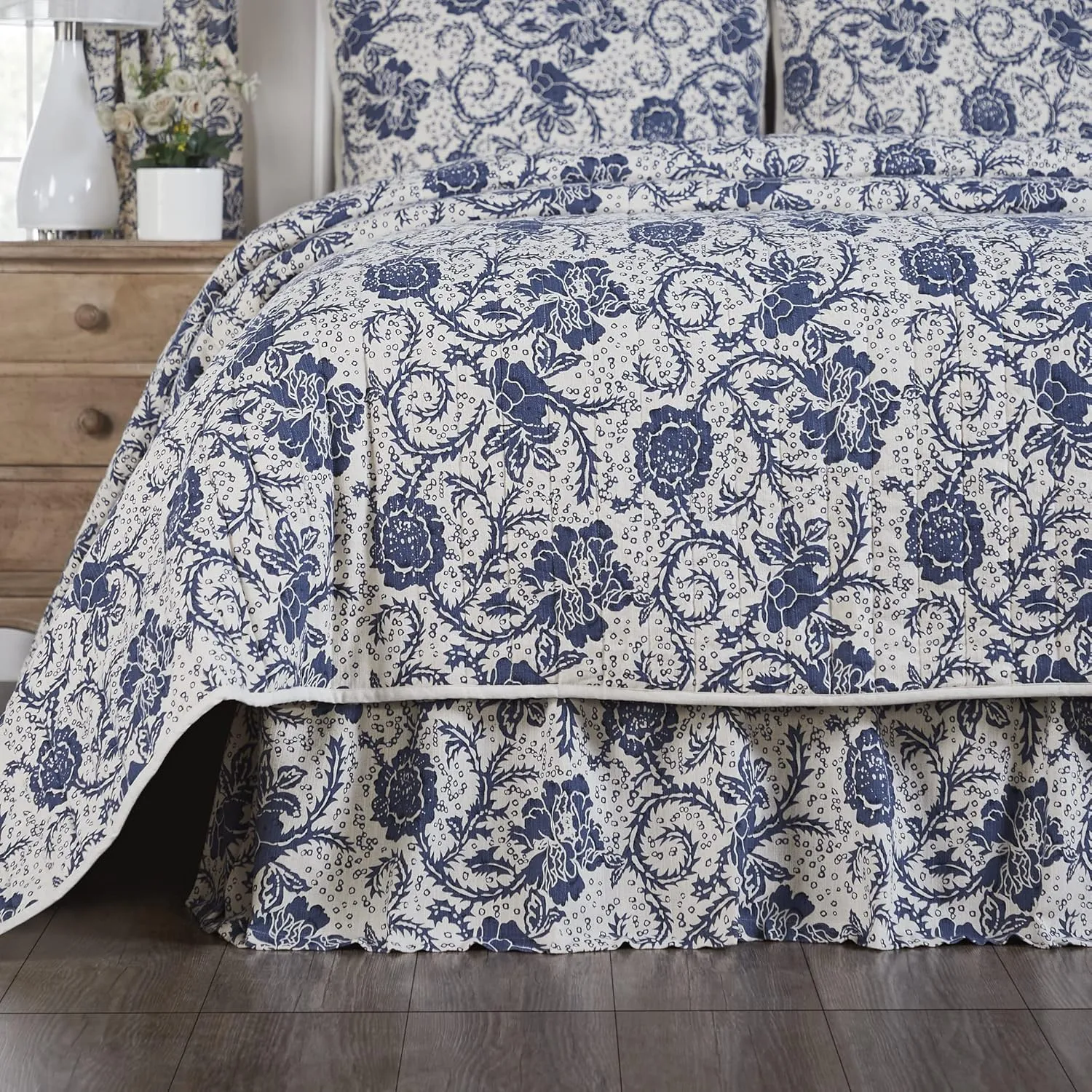 VHC Brands Dorset, Farmhouse Bed Skirt Dust Ruffle, Floral, Queen, Navy, 60x80x16