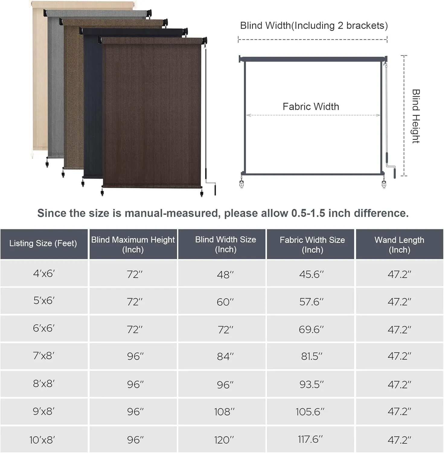 VICLLAX Outdoor Roller Shade, Patio Cordless Blinds Roll Up Shade 6x6FT, Chocolate