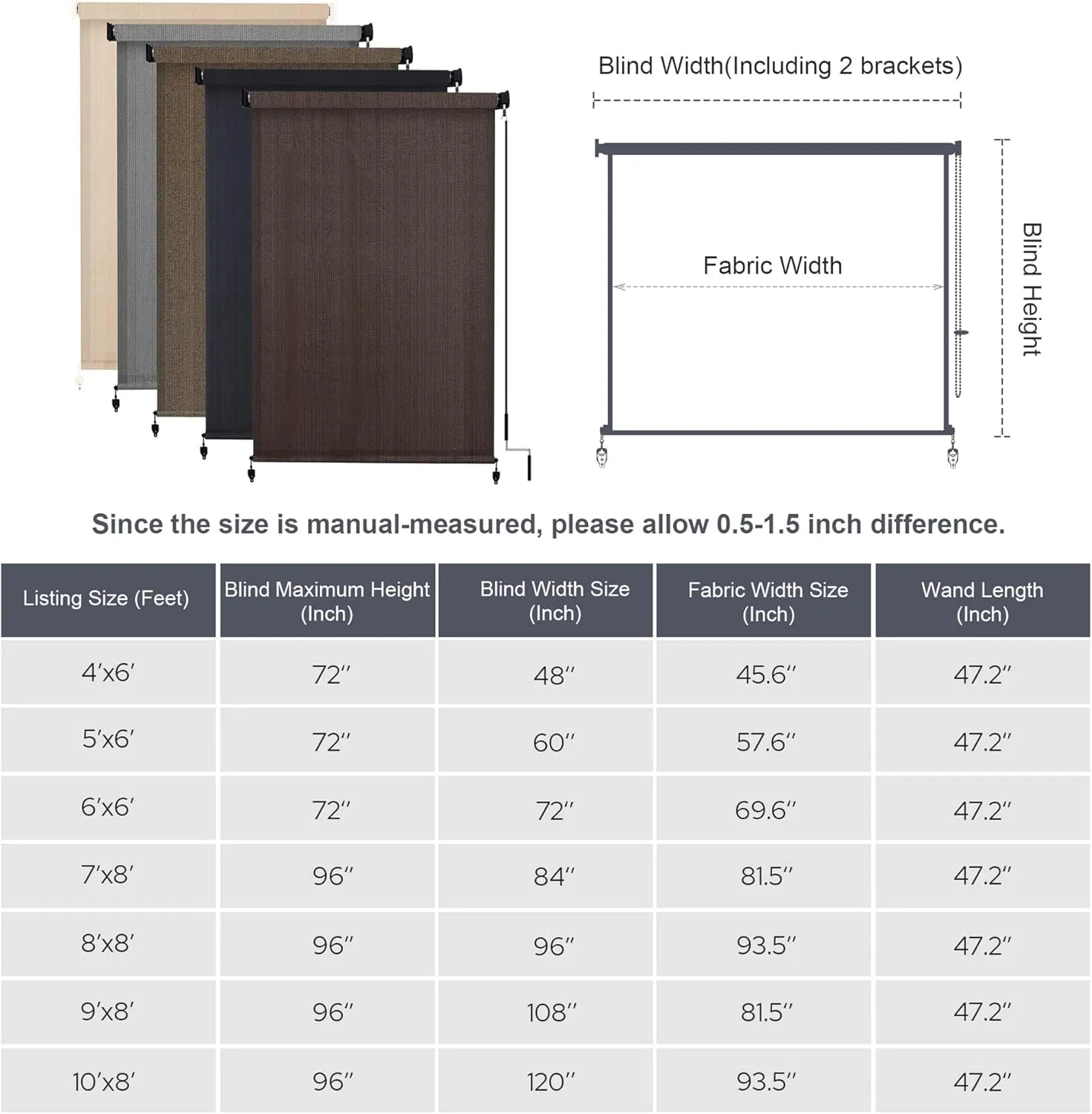 VICLLAX Outdoor Roller Shade, Patio Cordless Blinds Roll Up Shade (8' W X 8' L), Grey
