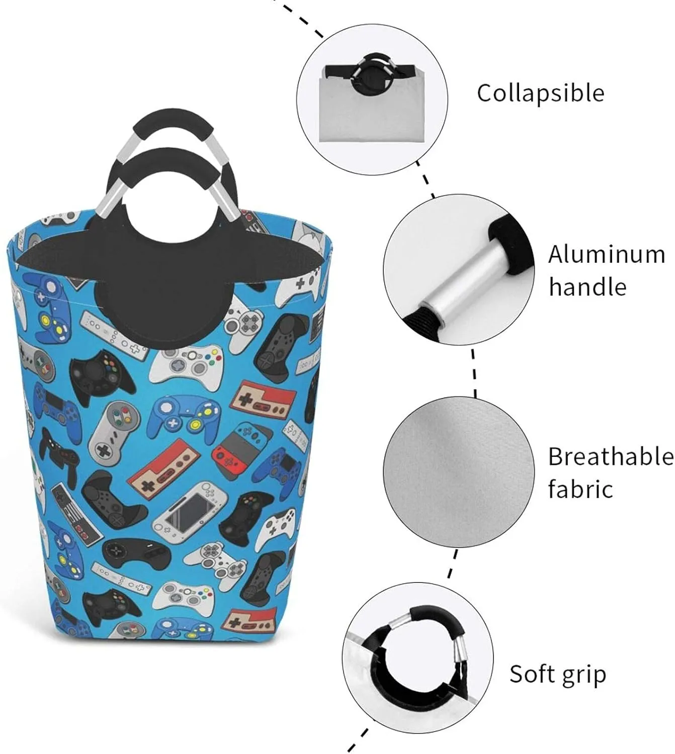 Video Game Controller Background Laundry Basket with Handles Laundry Hamper Toys Storage Organizer Foldable Bucket Washing Bin Dirty Clothes Bag for Home Bathroom Bedroom Dorm