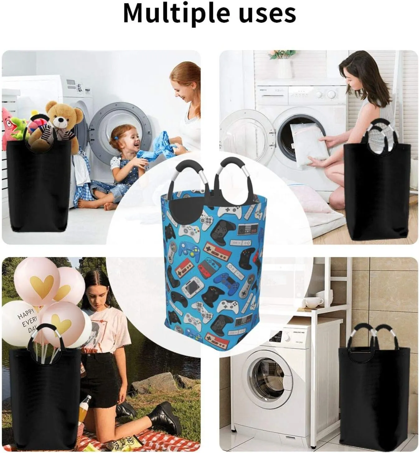 Video Game Controller Background Laundry Basket with Handles Laundry Hamper Toys Storage Organizer Foldable Bucket Washing Bin Dirty Clothes Bag for Home Bathroom Bedroom Dorm