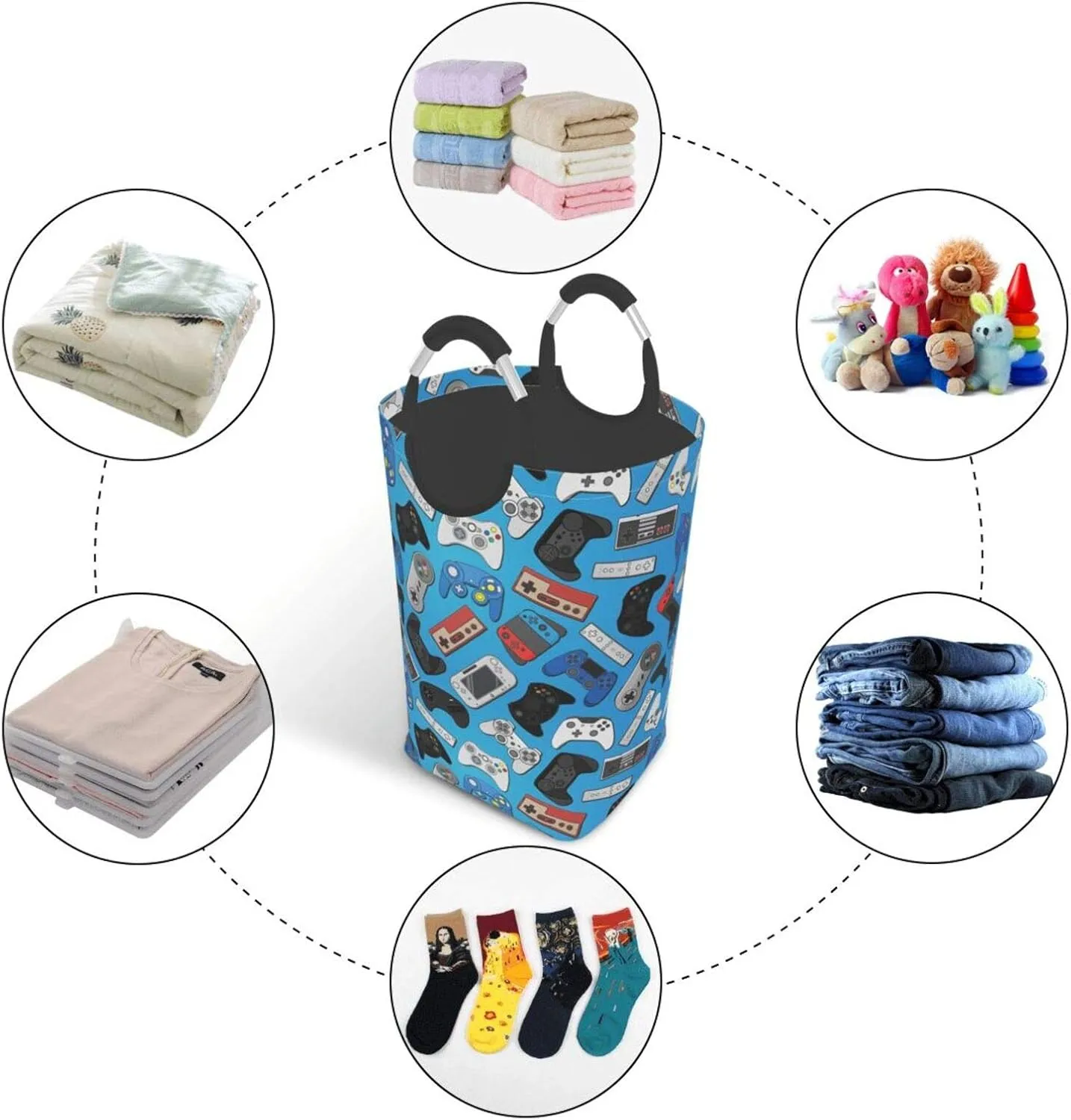 Video Game Controller Background Laundry Basket with Handles Laundry Hamper Toys Storage Organizer Foldable Bucket Washing Bin Dirty Clothes Bag for Home Bathroom Bedroom Dorm