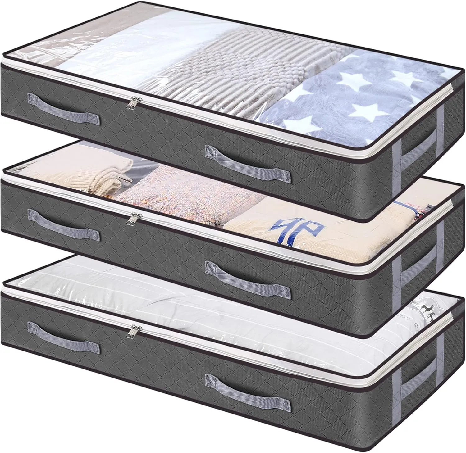 Vieshful 3 Pack Underbed Storage Bags 75L Foldable Clothes Bag Large Capacity Storage Containers with Clear Window Reinforced Handles Zippered Organizer Non-Woven for Comforters Blankets Bedding