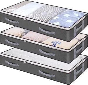 Vieshful 3 Pack Underbed Storage Bags 75L Foldable Clothes Bag Large Capacity Storage Containers with Clear Window Reinforced Handles Zippered Organizer Non-Woven for Comforters Blankets Bedding
