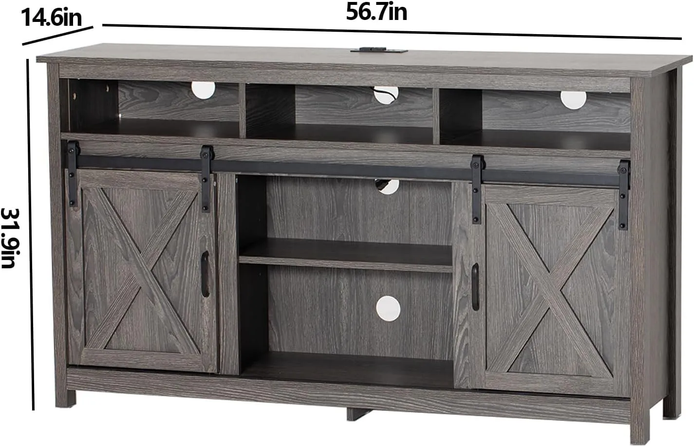 Vinctik 6&Fox 57” Wooden Farmhouse TV Stand for 60/65 inch TV,Double Layer Storage Entertainment Center TV Console Table,w Double-Row Sockets and 2 Sliding Barn Door,Media Cable Box(Grey Wash)