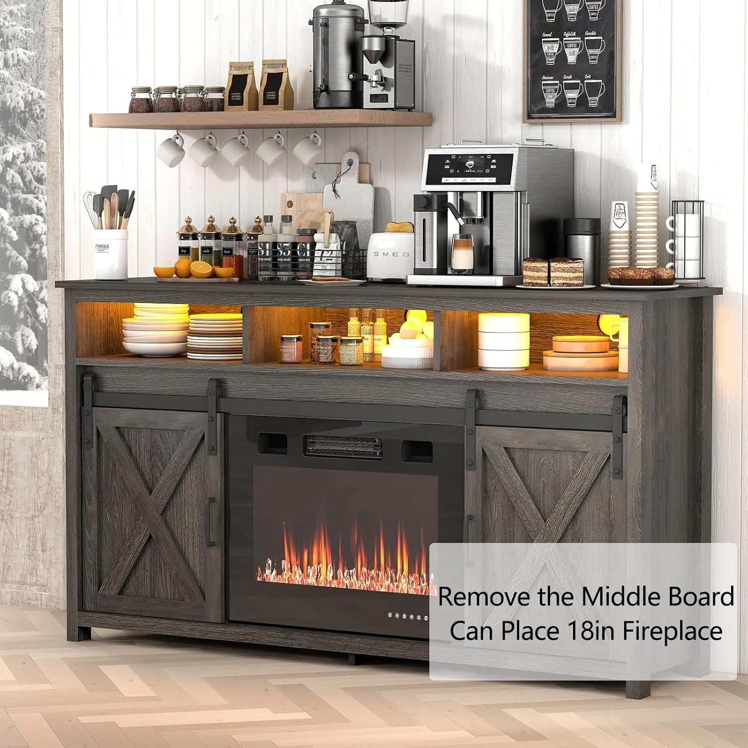 Vinctik 6&Fox 57” Wooden Farmhouse TV Stand for 60/65 inch TV,Double Layer Storage Entertainment Center TV Console Table,w Double-Row Sockets and 2 Sliding Barn Door,Media Cable Box(Grey Wash)