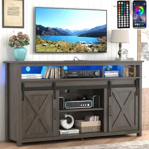 Vinctik 6&Fox 57” Wooden Farmhouse TV Stand for 60/65 inch TV,Double Layer Storage Entertainment Center TV Console Table,w Double-Row Sockets and 2 Sliding Barn Door,Media Cable Box(Grey Wash)
