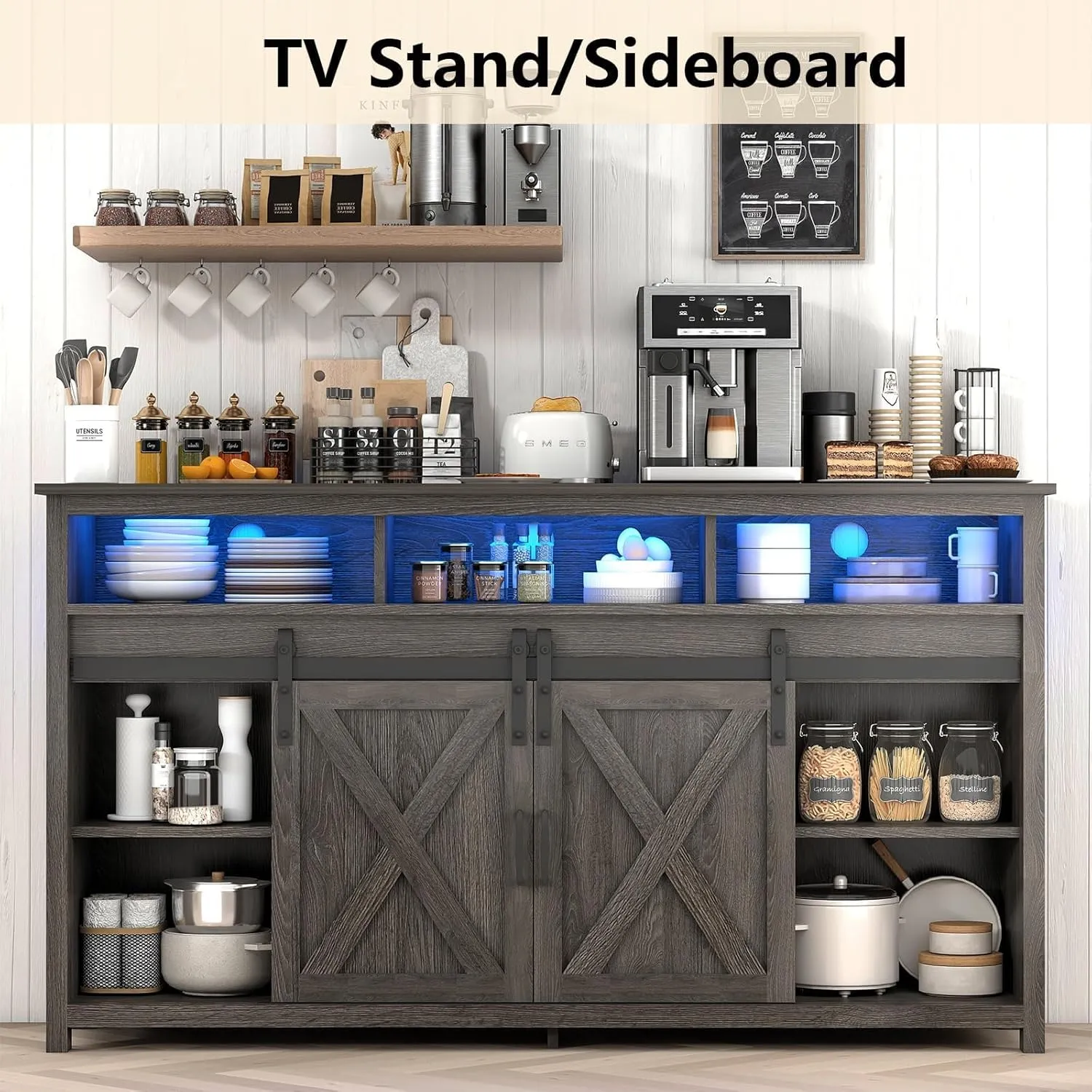 Vinctik 6&Fox 57” Wooden Farmhouse TV Stand for 60/65 inch TV,Double Layer Storage Entertainment Center TV Console Table,w Double-Row Sockets and 2 Sliding Barn Door,Media Cable Box(Grey Wash)