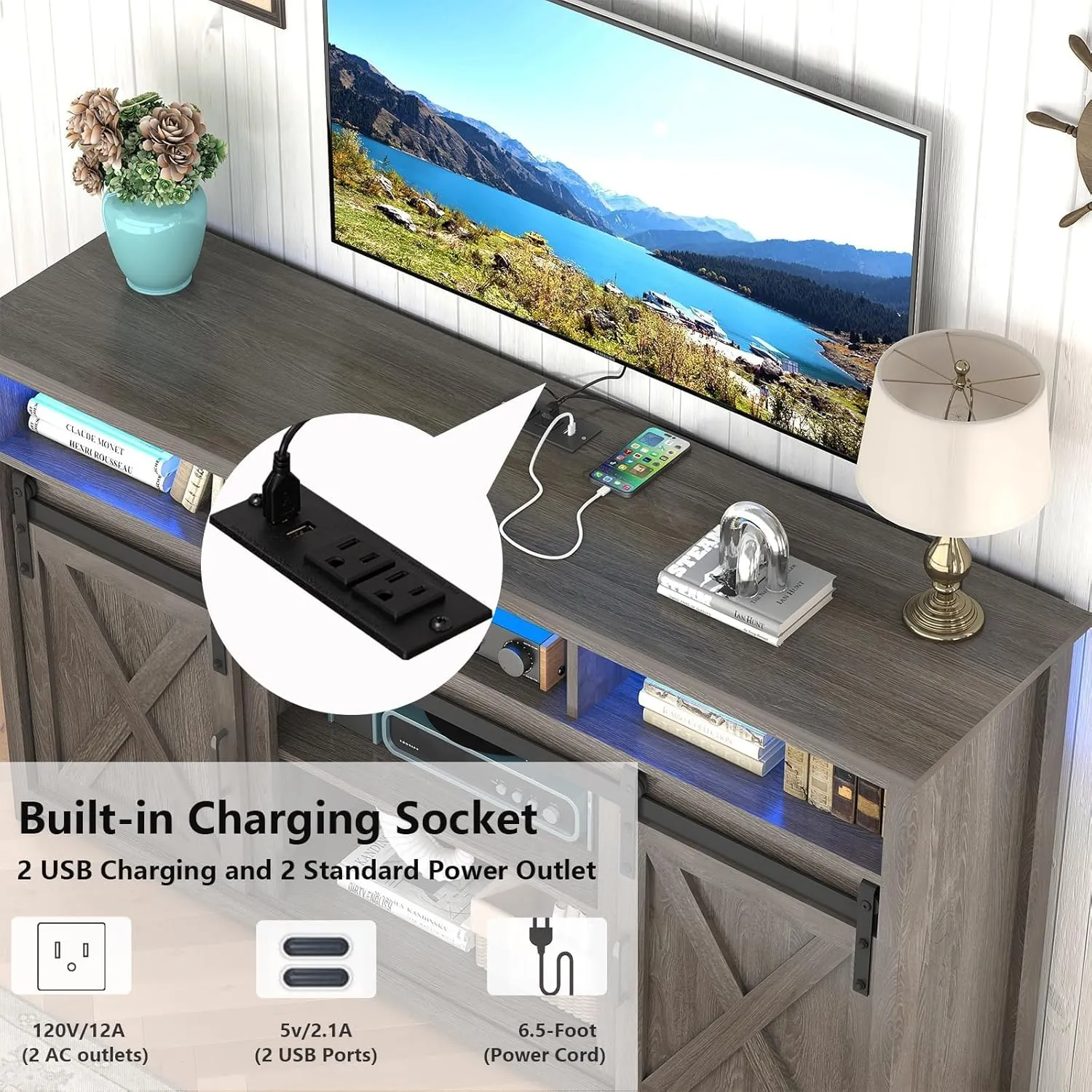 Vinctik 6&Fox 57” Wooden Farmhouse TV Stand for 60/65 inch TV,Double Layer Storage Entertainment Center TV Console Table,w Double-Row Sockets and 2 Sliding Barn Door,Media Cable Box(Grey Wash)