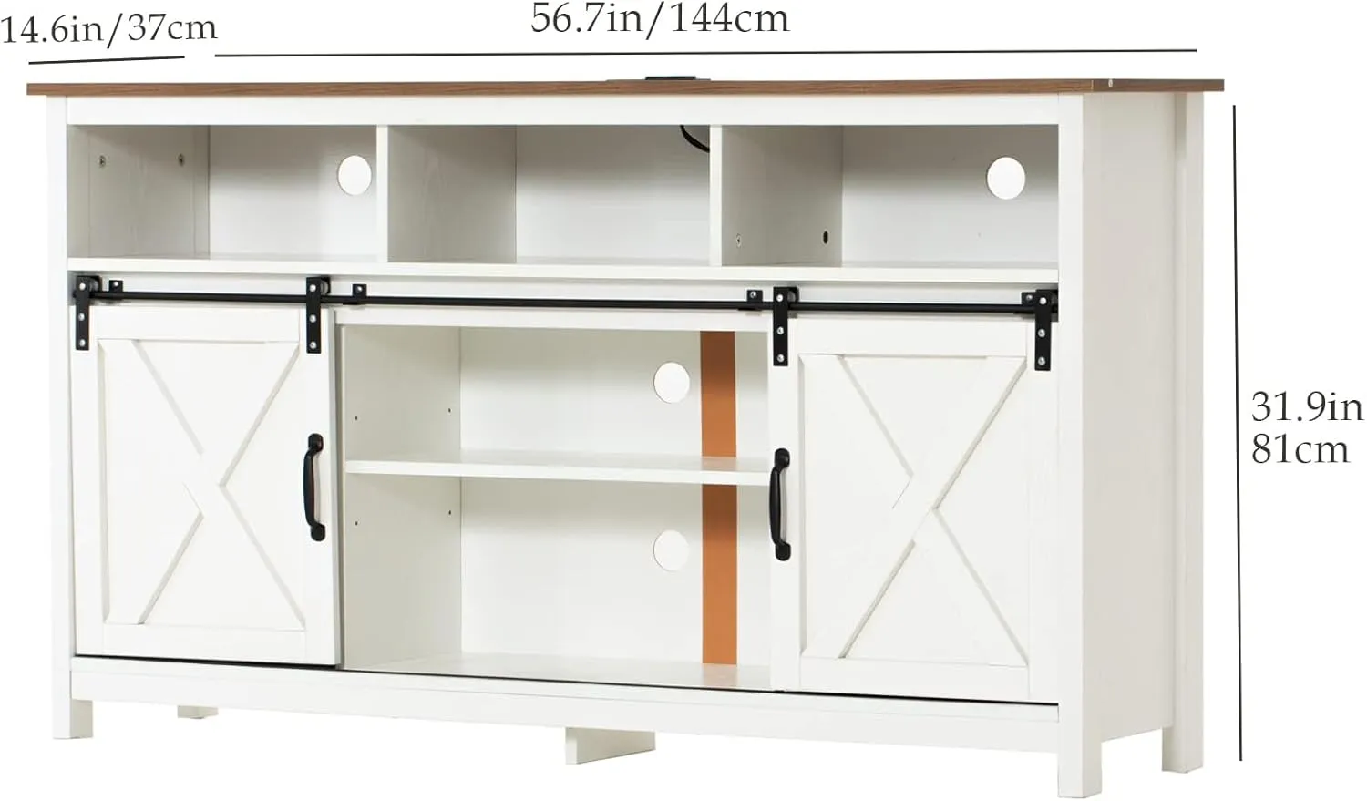 Vinctik 6&Fox 57” Wooden Farmhouse TV Stand for 60/65 inch TV,Double Layer Storage Entertainment Center TV Console Table,w Double-Row Sockets and 2 Sliding Barn Door,Media Cable Box(White)