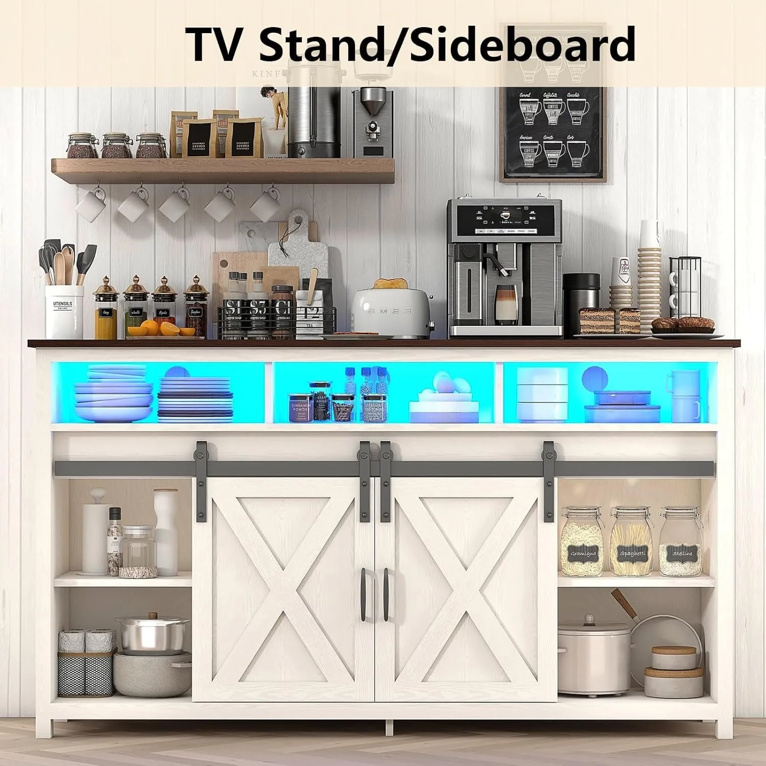 Vinctik 6&Fox 57” Wooden Farmhouse TV Stand for 60/65 inch TV,Double Layer Storage Entertainment Center TV Console Table,w Double-Row Sockets and 2 Sliding Barn Door,Media Cable Box(White)