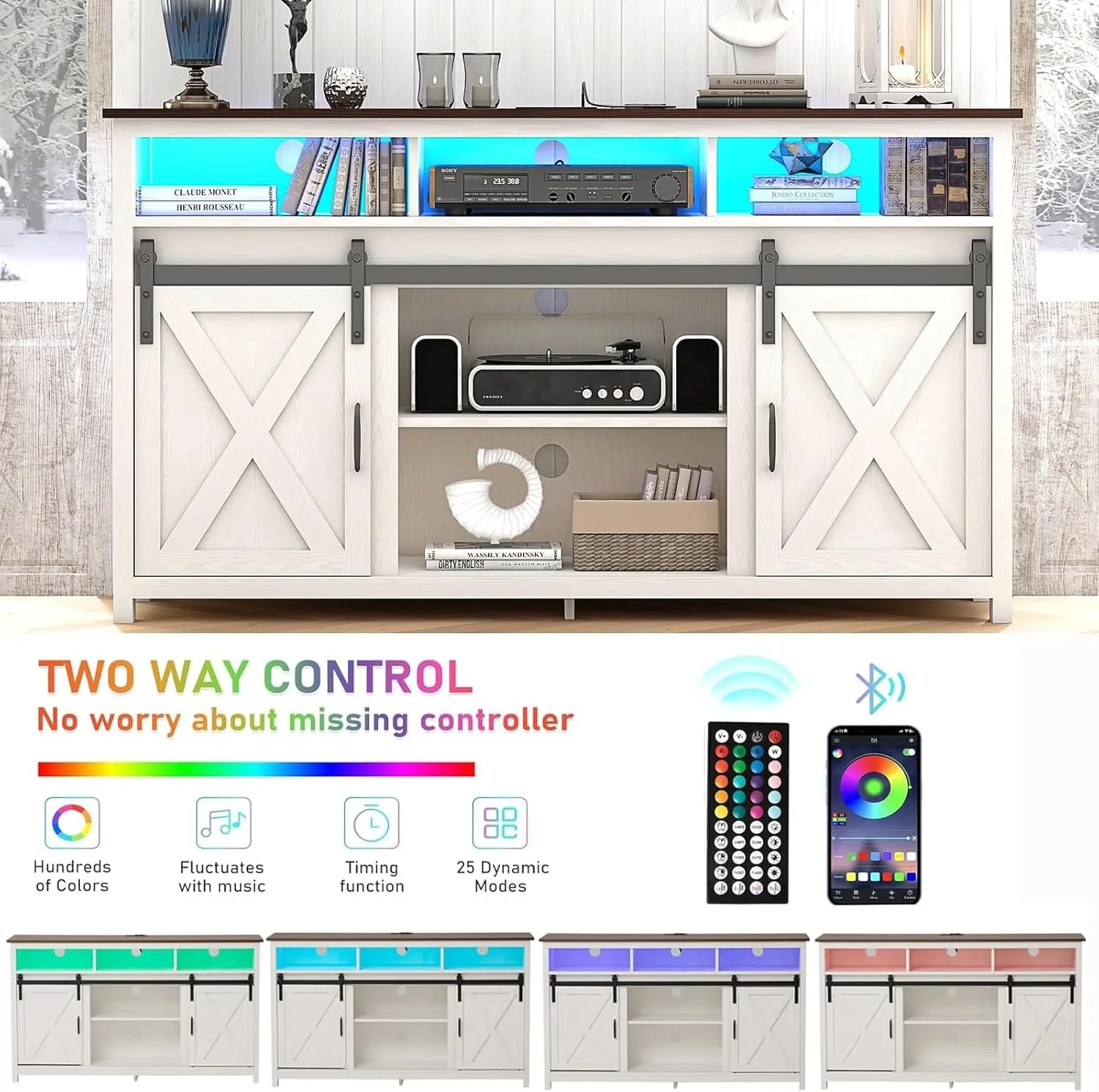 Vinctik 6&Fox 57” Wooden Farmhouse TV Stand for 60/65 inch TV,Double Layer Storage Entertainment Center TV Console Table,w Double-Row Sockets and 2 Sliding Barn Door,Media Cable Box(White)