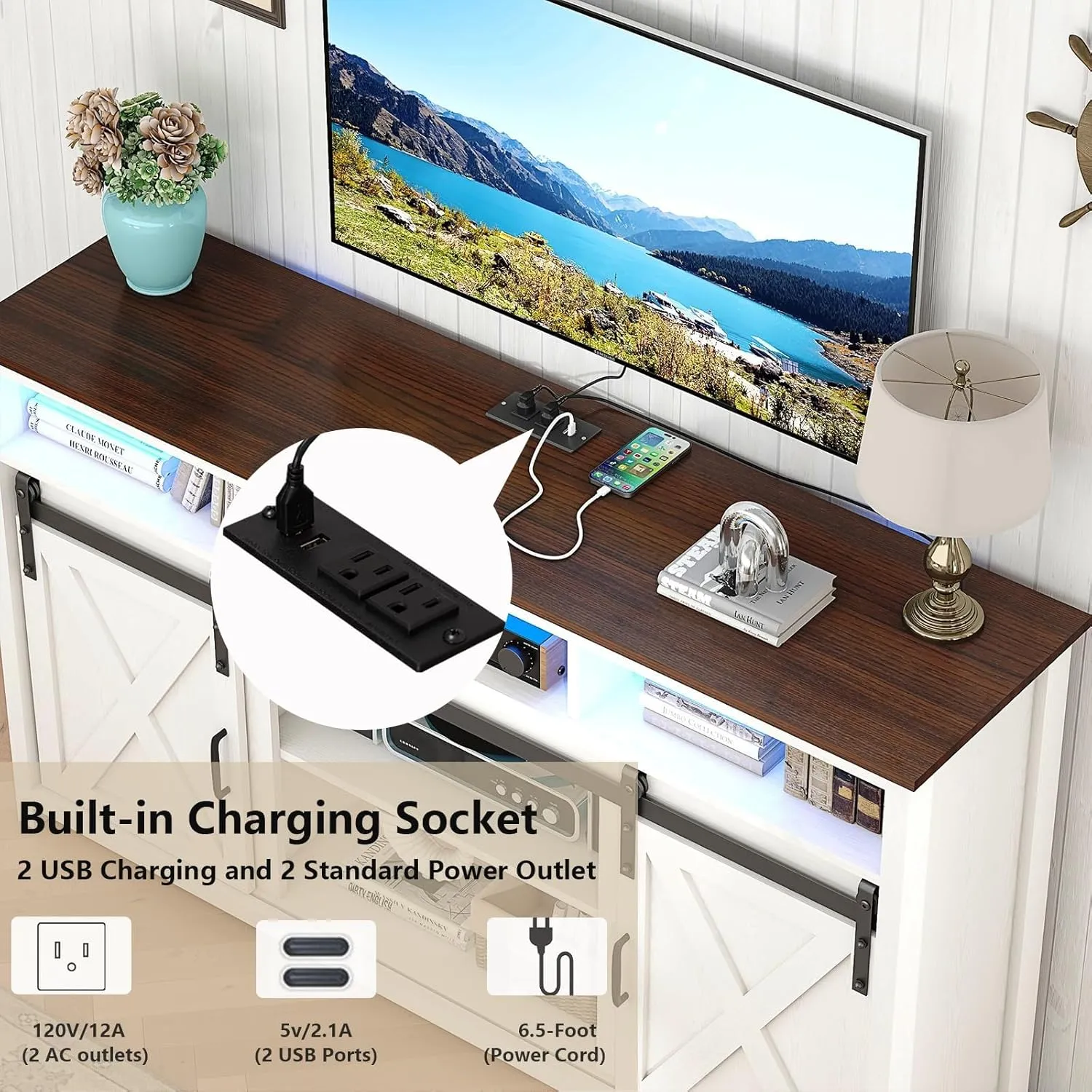 Vinctik 6&Fox 57” Wooden Farmhouse TV Stand for 60/65 inch TV,Double Layer Storage Entertainment Center TV Console Table,w Double-Row Sockets and 2 Sliding Barn Door,Media Cable Box(White)
