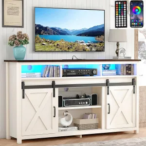 Vinctik 6&Fox 57” Wooden Farmhouse TV Stand for 60/65 inch TV,Double Layer Storage Entertainment Center TV Console Table,w Double-Row Sockets and 2 Sliding Barn Door,Media Cable Box(White)