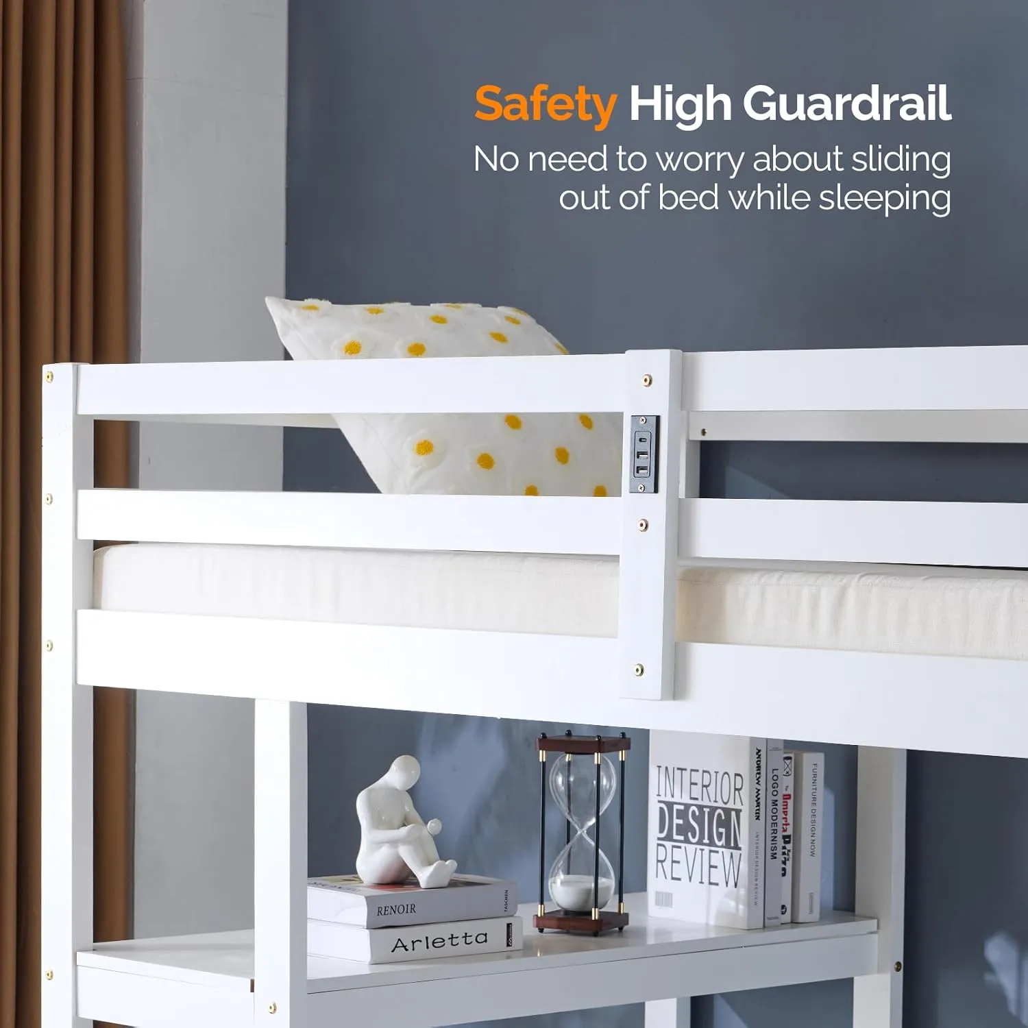 VINGLI Twin Loft Bed with L-Shaped Desk and 3 Storage Drawers, Solid Wood Single Bunk Gamer Bed with RGB LED Light Underneath,2 Charging Stations, White