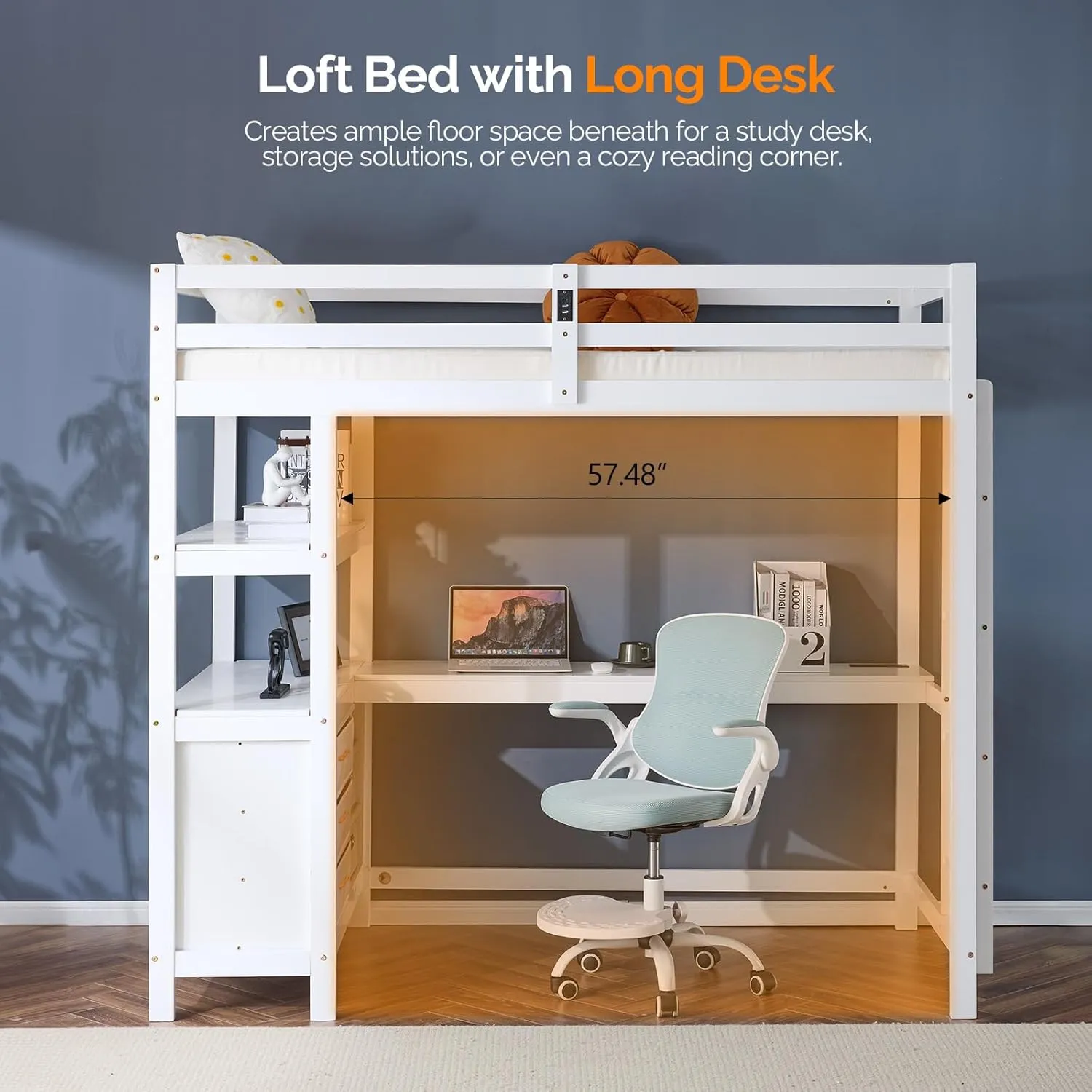 VINGLI Twin Loft Bed with L-Shaped Desk and 3 Storage Drawers, Solid Wood Single Bunk Gamer Bed with RGB LED Light Underneath,2 Charging Stations, White