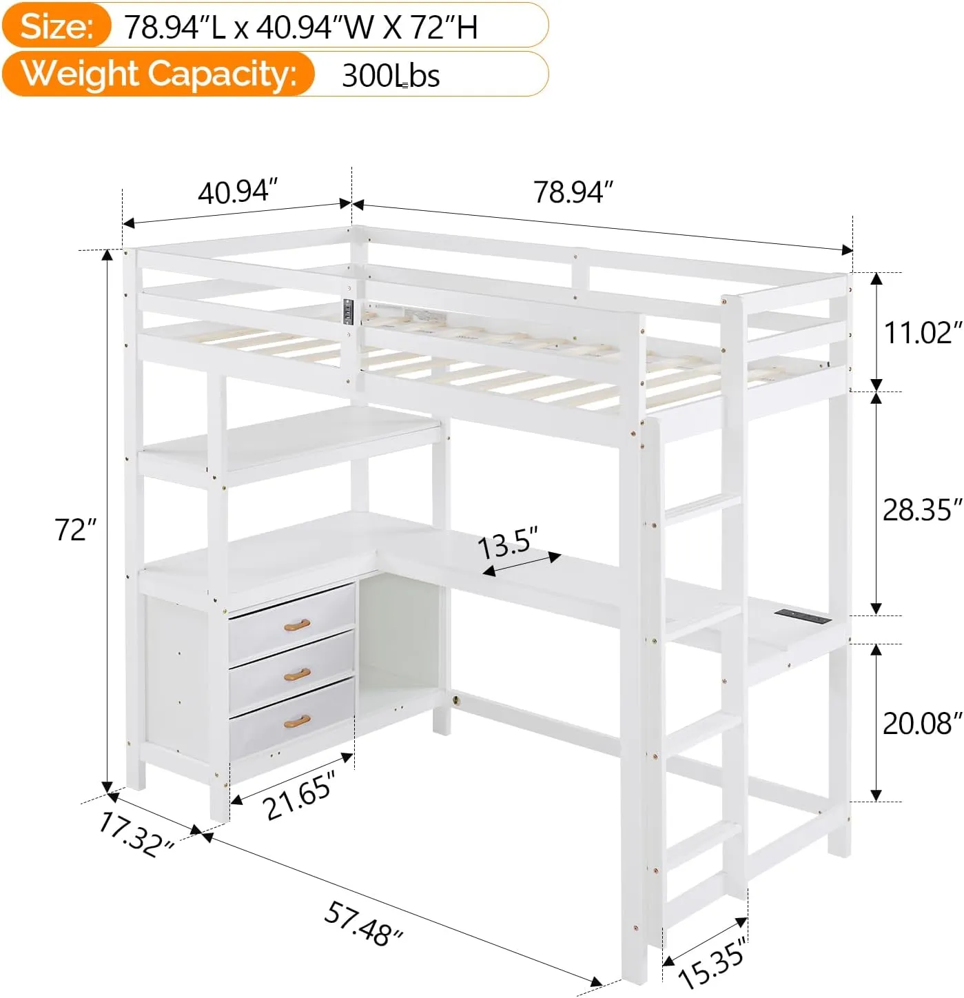 VINGLI Twin Loft Bed with L-Shaped Desk and 3 Storage Drawers, Solid Wood Single Bunk Gamer Bed with RGB LED Light Underneath,2 Charging Stations, White