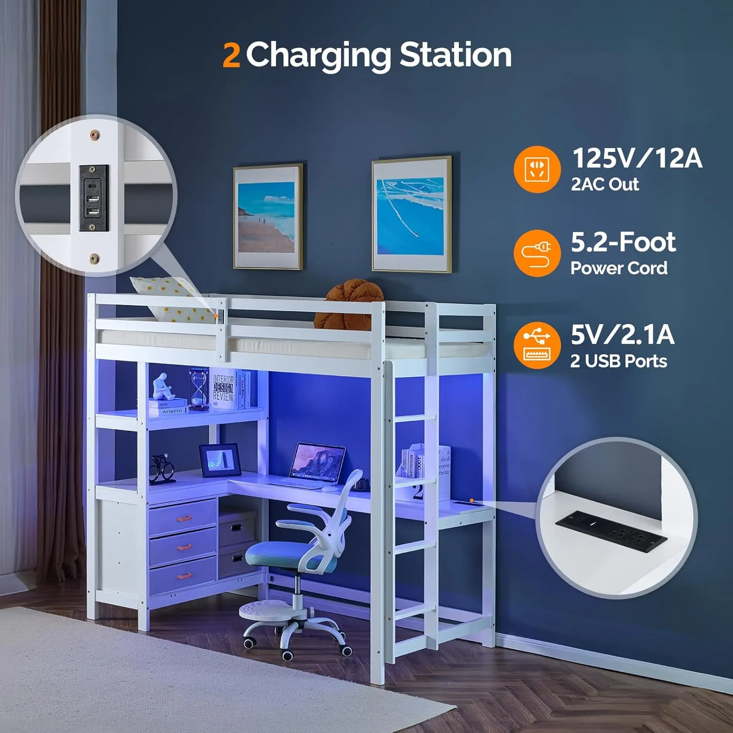 VINGLI Twin Loft Bed with L-Shaped Desk and 3 Storage Drawers, Solid Wood Single Bunk Gamer Bed with RGB LED Light Underneath,2 Charging Stations, White