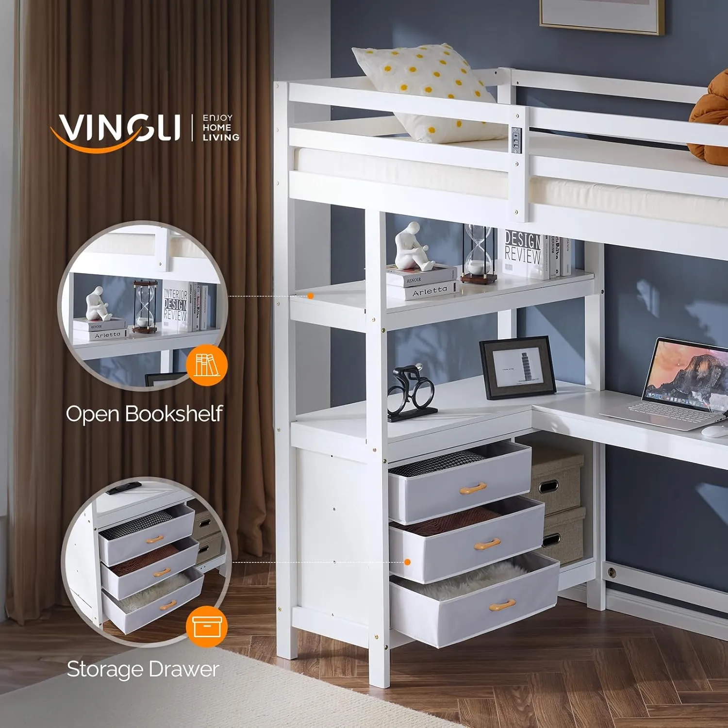 VINGLI Twin Loft Bed with L-Shaped Desk and 3 Storage Drawers, Solid Wood Single Bunk Gamer Bed with RGB LED Light Underneath,2 Charging Stations, White