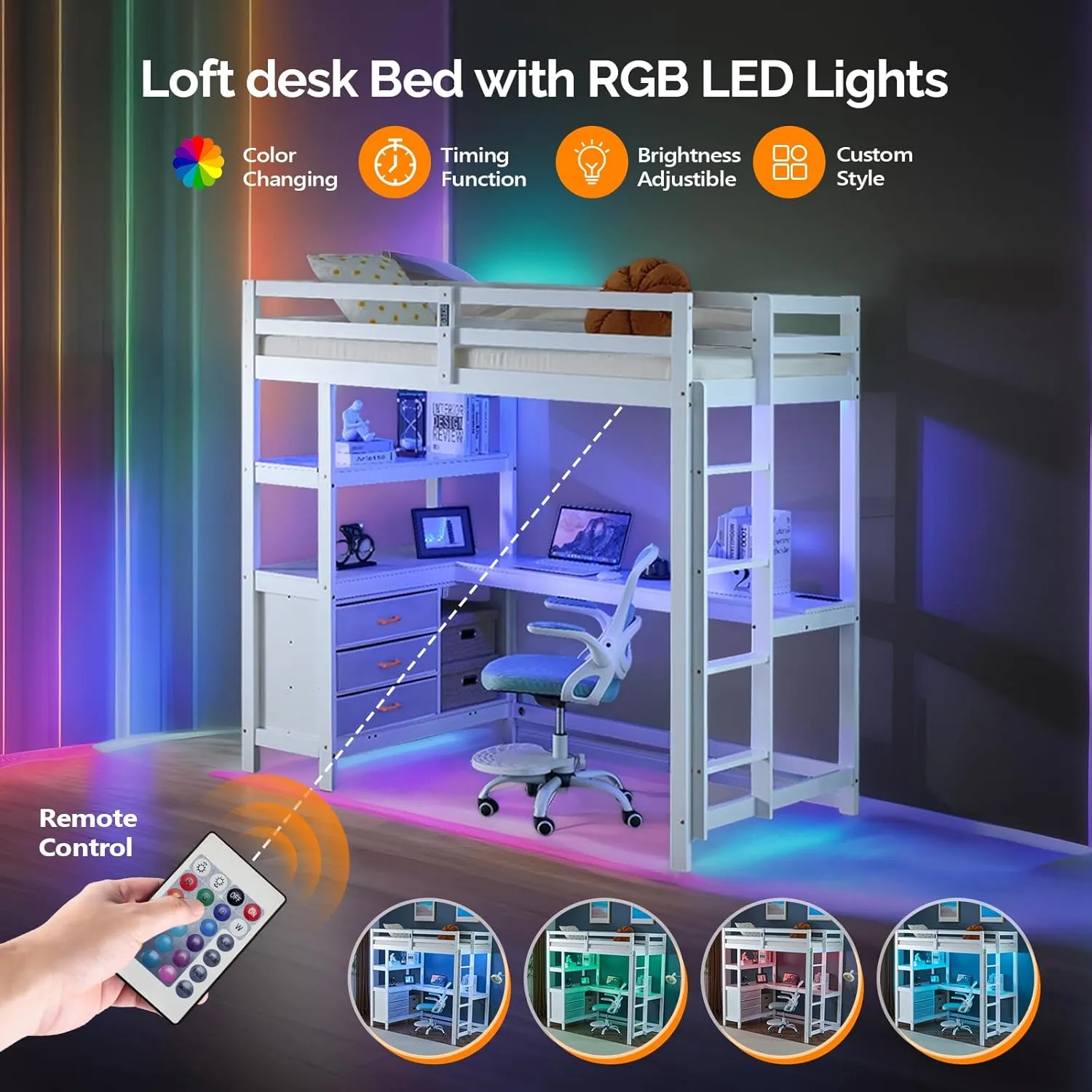 VINGLI Twin Loft Bed with L-Shaped Desk and 3 Storage Drawers, Solid Wood Single Bunk Gamer Bed with RGB LED Light Underneath,2 Charging Stations, White