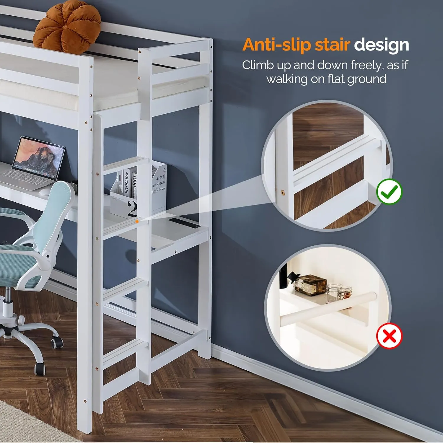 VINGLI Twin Loft Bed with L-Shaped Desk and 3 Storage Drawers, Solid Wood Single Bunk Gamer Bed with RGB LED Light Underneath,2 Charging Stations, White