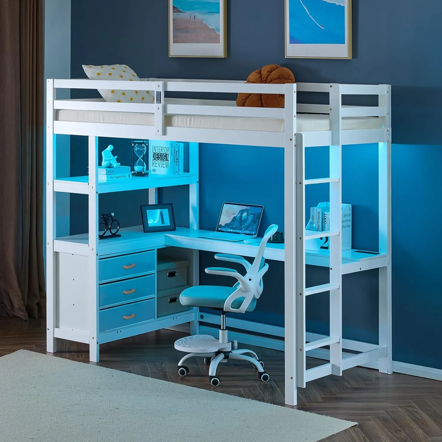 VINGLI Twin Loft Bed with L-Shaped Desk and 3 Storage Drawers, Solid Wood Single Bunk Gamer Bed with RGB LED Light Underneath,2 Charging Stations, White