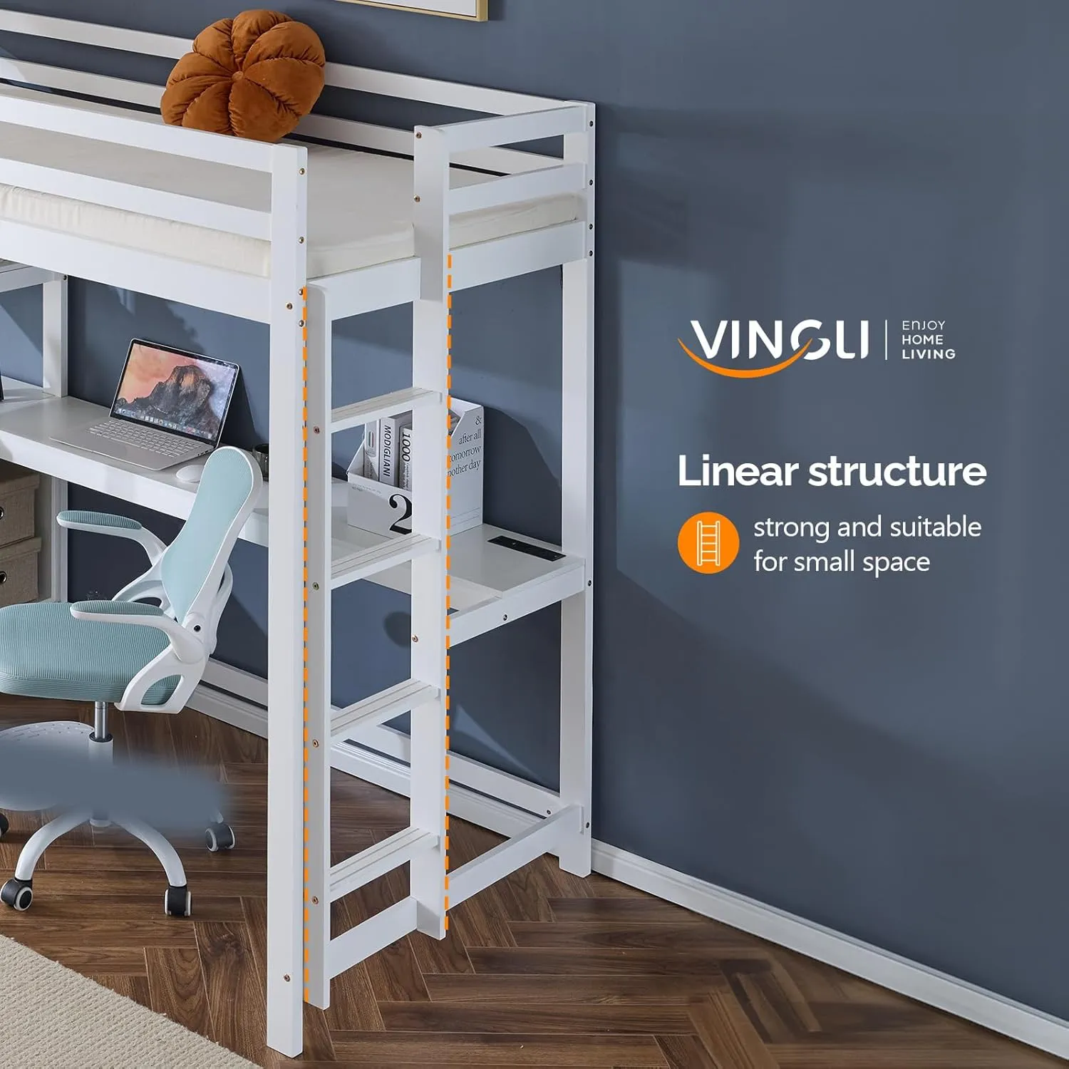 VINGLI Twin Loft Bed with L-Shaped Desk and 3 Storage Drawers, Solid Wood Single Bunk Gamer Bed with RGB LED Light Underneath,2 Charging Stations, White
