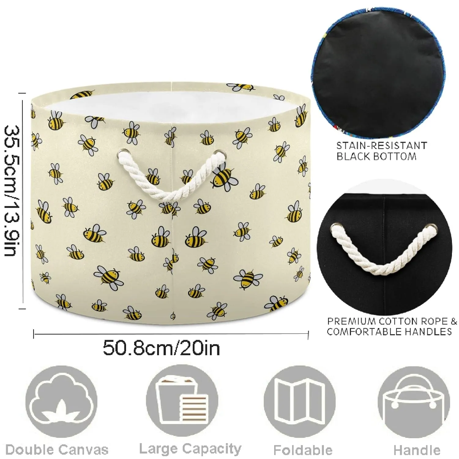 visesunny Cute Bee Pattern Laundry Baskets Fabric Storage Bin Storage Box Collapsible Storage Basket Toy Clothes Shelves Basket for Bathroom,Bedroom,Nursery,Closet,Office