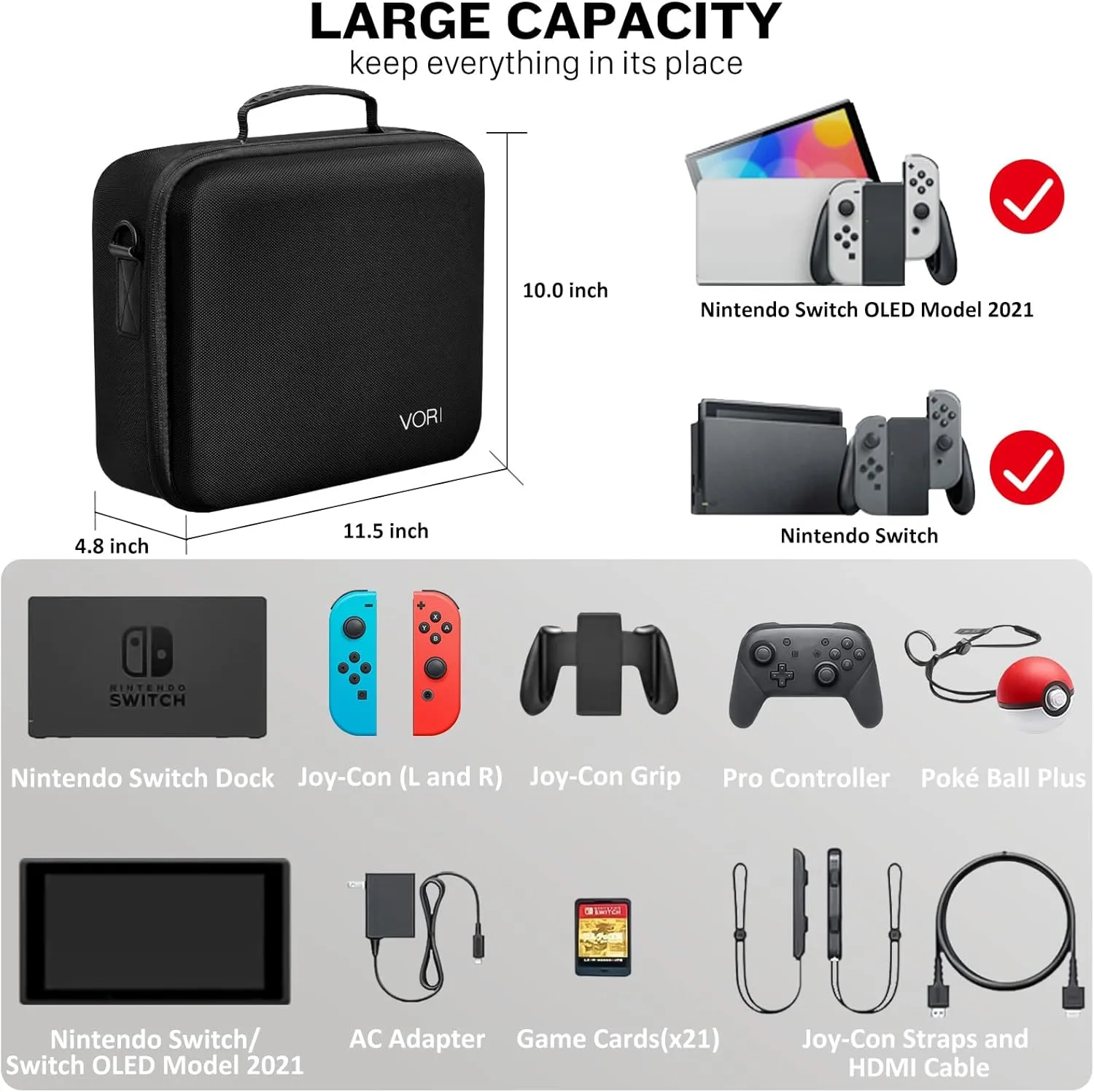 VORI Carrying Case for Nintendo Switch/Switch OLED Model (2021), Hard Travel Storage Protective Case with Handle and Shoulder Strap for Pro Controller, Poke Ball Plus and Switch Accessories, Black