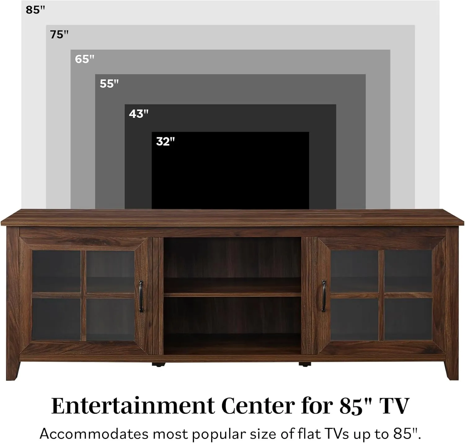 Walker Edison Portsmouth Classic 2 Glass Door TV Stand for TVs up to 80 Inches, 70 Inch, Dark Walnut
