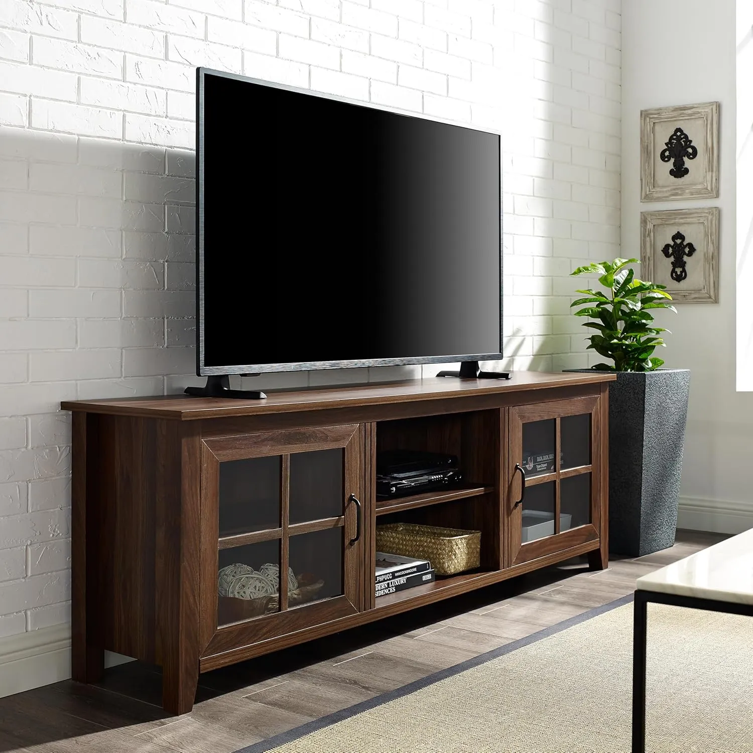 Walker Edison Portsmouth Classic 2 Glass Door TV Stand for TVs up to 80 Inches, 70 Inch, Dark Walnut