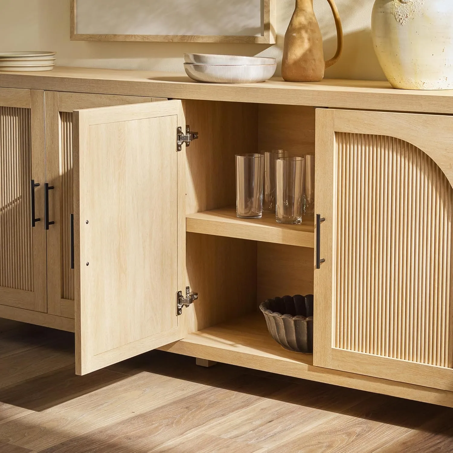 Walker Edison Sasha 70" Reeded Sideboard, Credenza with Doors for Kitchen, Dining Room, Media and Game Storage, Buffet Cabinet with Cord Management, 16" D X 30" H, Coastal Oak