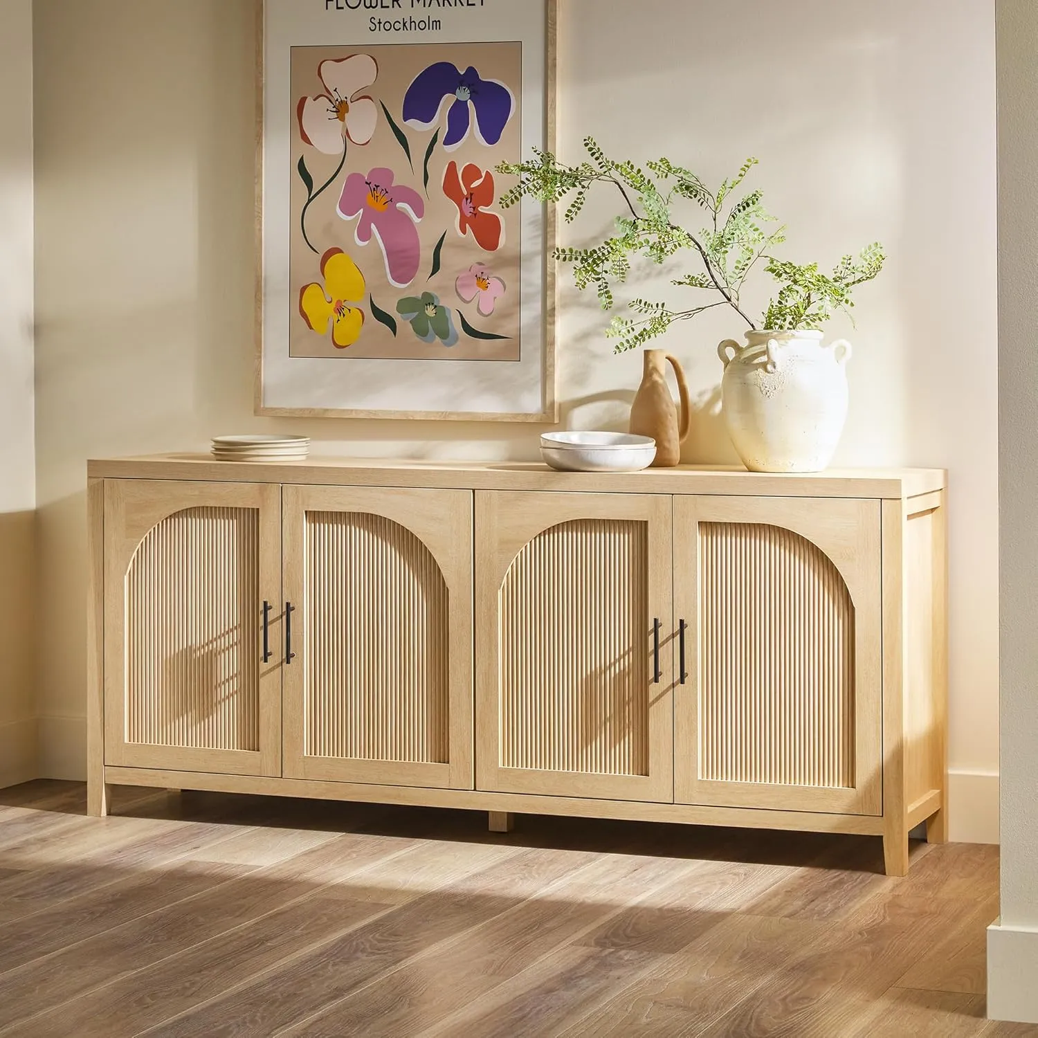Walker Edison Sasha 70" Reeded Sideboard, Credenza with Doors for Kitchen, Dining Room, Media and Game Storage, Buffet Cabinet with Cord Management, 16" D X 30" H, Coastal Oak