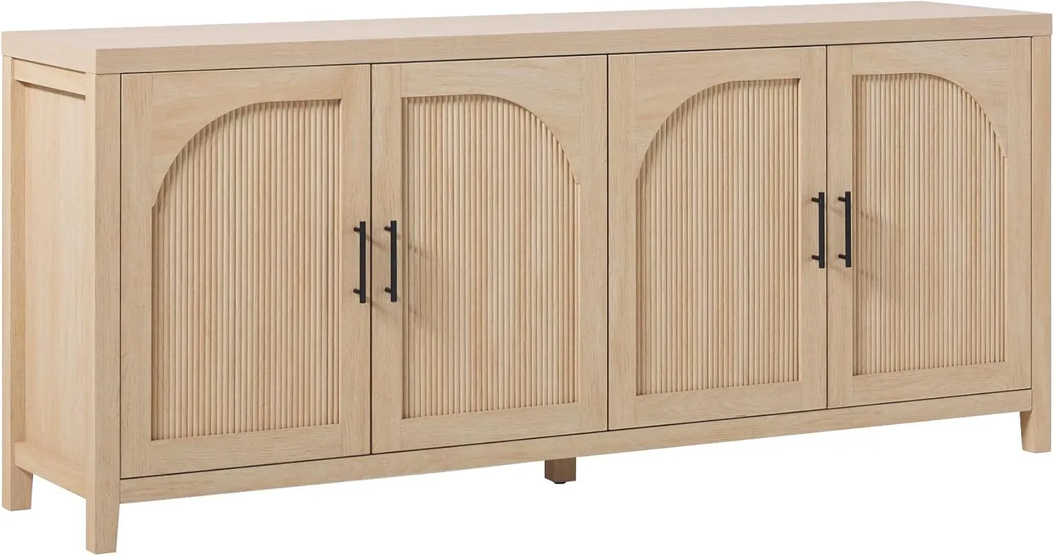 Walker Edison Sasha 70" Reeded Sideboard, Credenza with Doors for Kitchen, Dining Room, Media and Game Storage, Buffet Cabinet with Cord Management, 16" D X 30" H, Coastal Oak