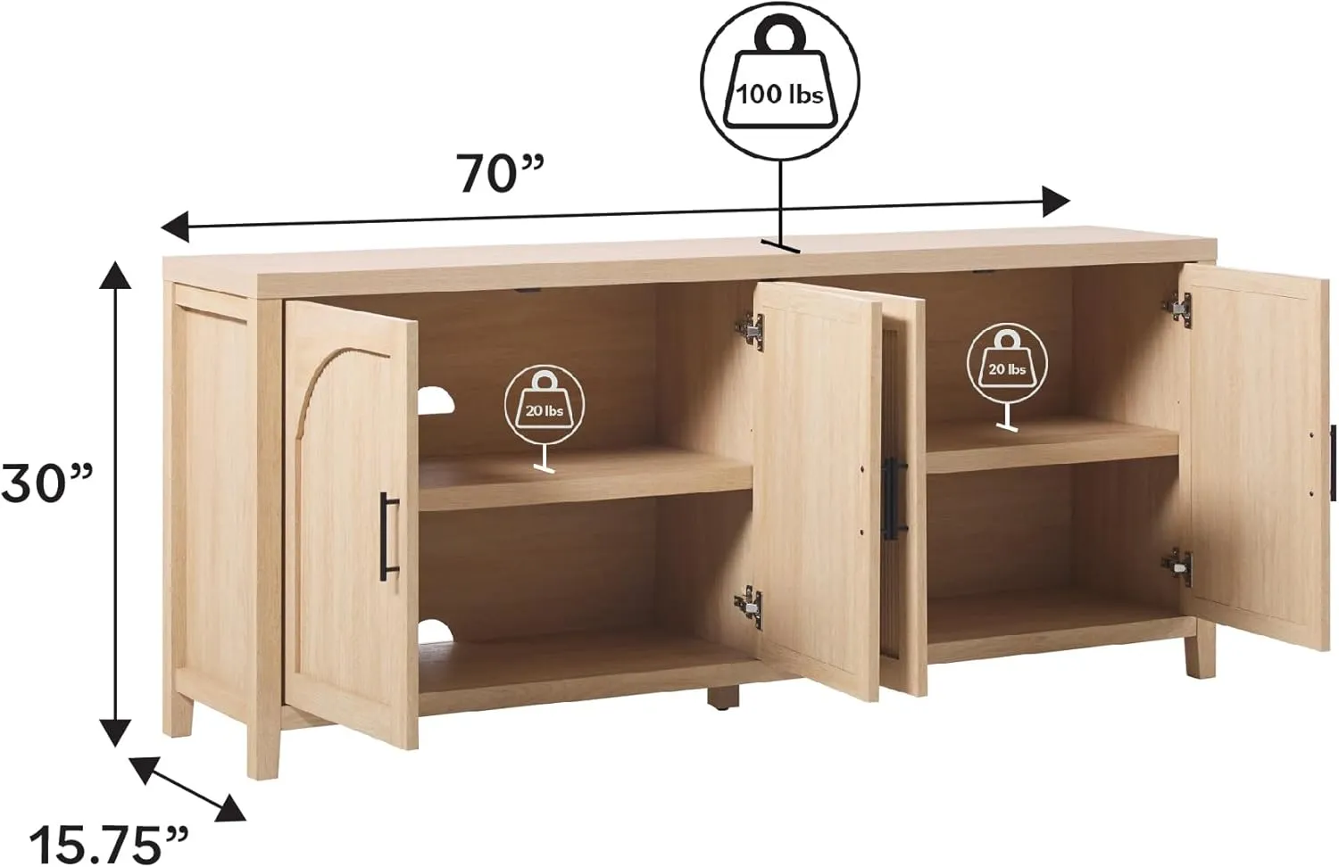 Walker Edison Sasha 70" Reeded Sideboard, Credenza with Doors for Kitchen, Dining Room, Media and Game Storage, Buffet Cabinet with Cord Management, 16" D X 30" H, Coastal Oak