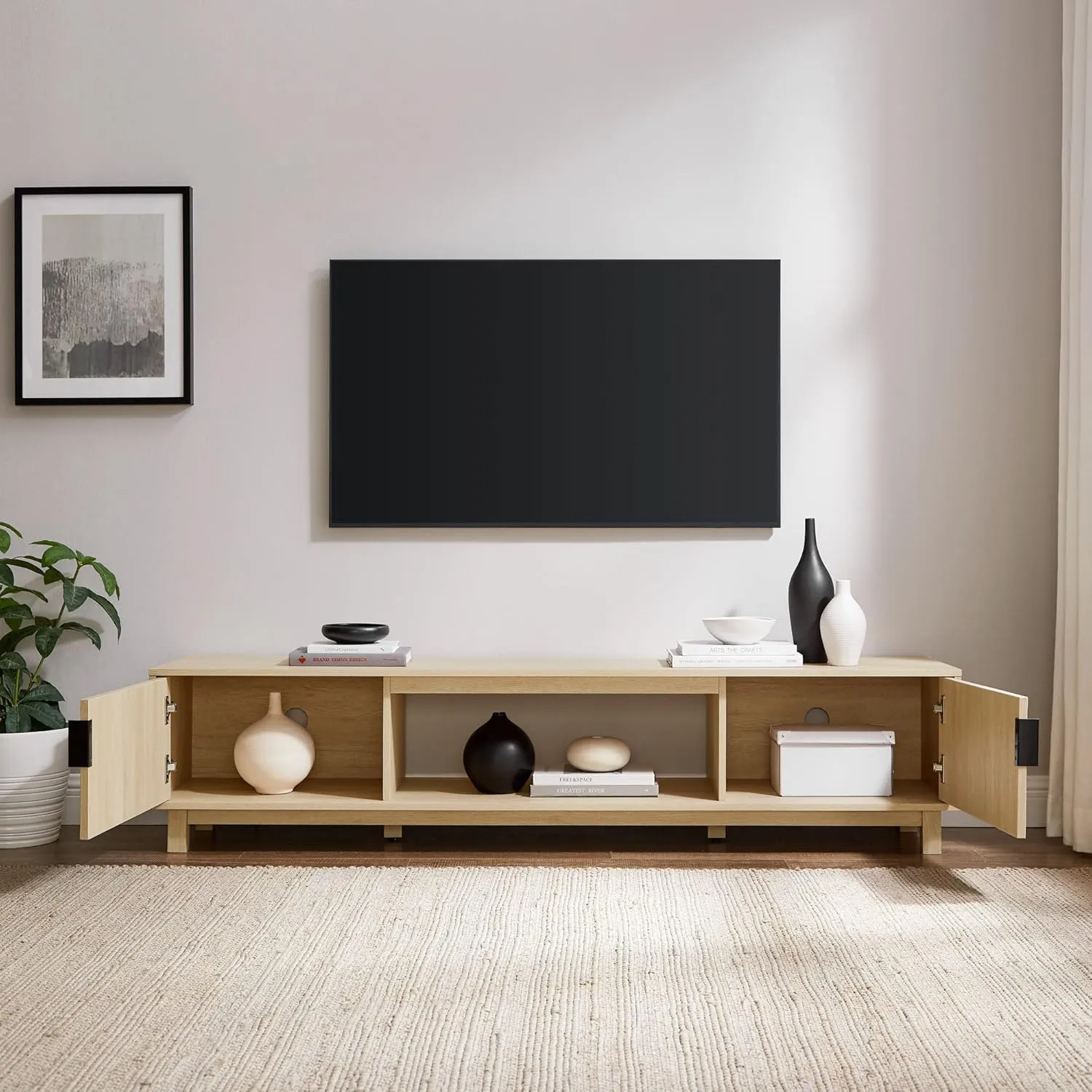 Walker Edison Walton Modern Fluted-Door Low TV Stand for TVs up to 80 Inches, 70 Inch, Coastal Oak