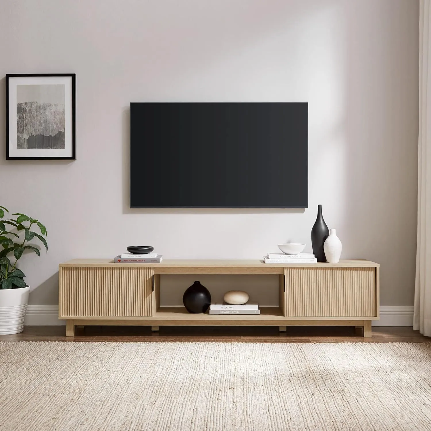 Walker Edison Walton Modern Fluted-Door Low TV Stand for TVs up to 80 Inches, 70 Inch, Coastal Oak