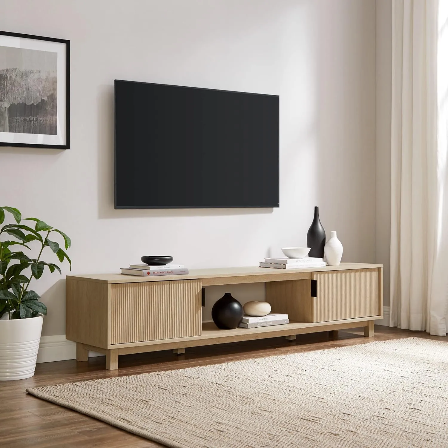 Walker Edison Walton Modern Fluted-Door Low TV Stand for TVs up to 80 Inches, 70 Inch, Coastal Oak