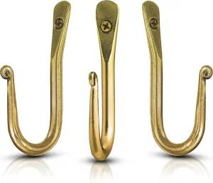 Wall Mounted Hook - Wrought Iron Decorative Blacksmith Handmade Simple Hook For Bathroom and Kitchen, Sturdy Hooks For Hanging Robes, Towels, Coats, cloths, Bags, Keys and Jewelries - Pack of 3 (Gold)