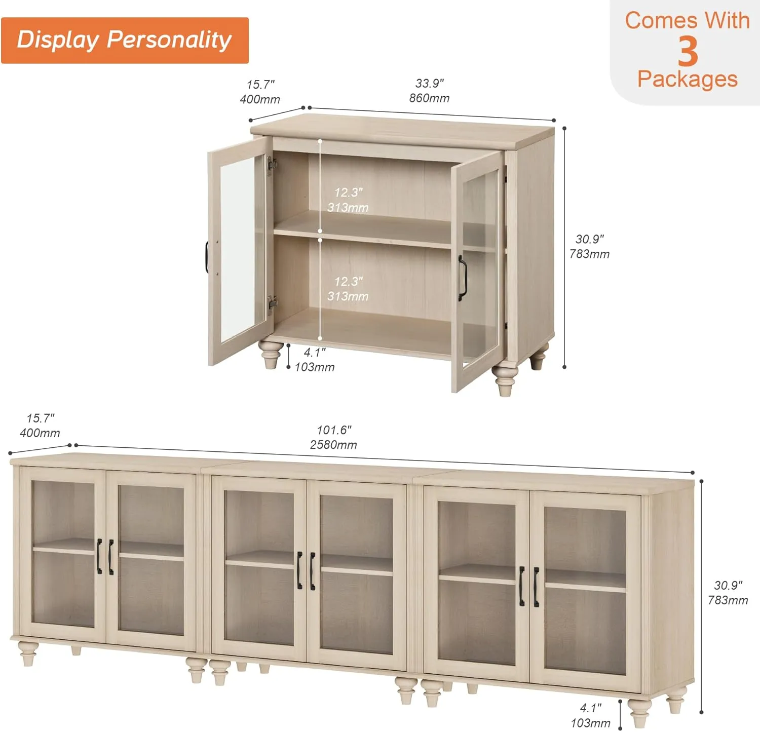 WAMPAT 100 Inch TV Stand with Glass Door, Wood TV Cabinet Entertainment Center for 75/80/85 Inch TV, 3-in-1 Kitchen Buffet Cabinet with 6 Storage Cabinets for Dining Room & Living Room, Beige