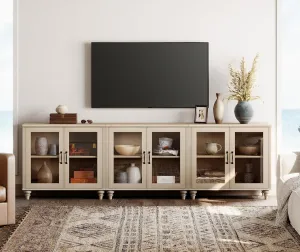 WAMPAT 100 Inch TV Stand with Glass Door, Wood TV Cabinet Entertainment Center for 75/80/85 Inch TV, 3-in-1 Kitchen Buffet Cabinet with 6 Storage Cabinets for Dining Room & Living Room, Beige