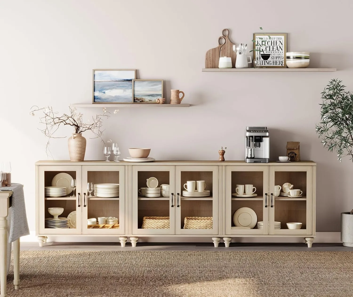 WAMPAT 100 Inch TV Stand with Glass Door, Wood TV Cabinet Entertainment Center for 75/80/85 Inch TV, 3-in-1 Kitchen Buffet Cabinet with 6 Storage Cabinets for Dining Room & Living Room, Beige