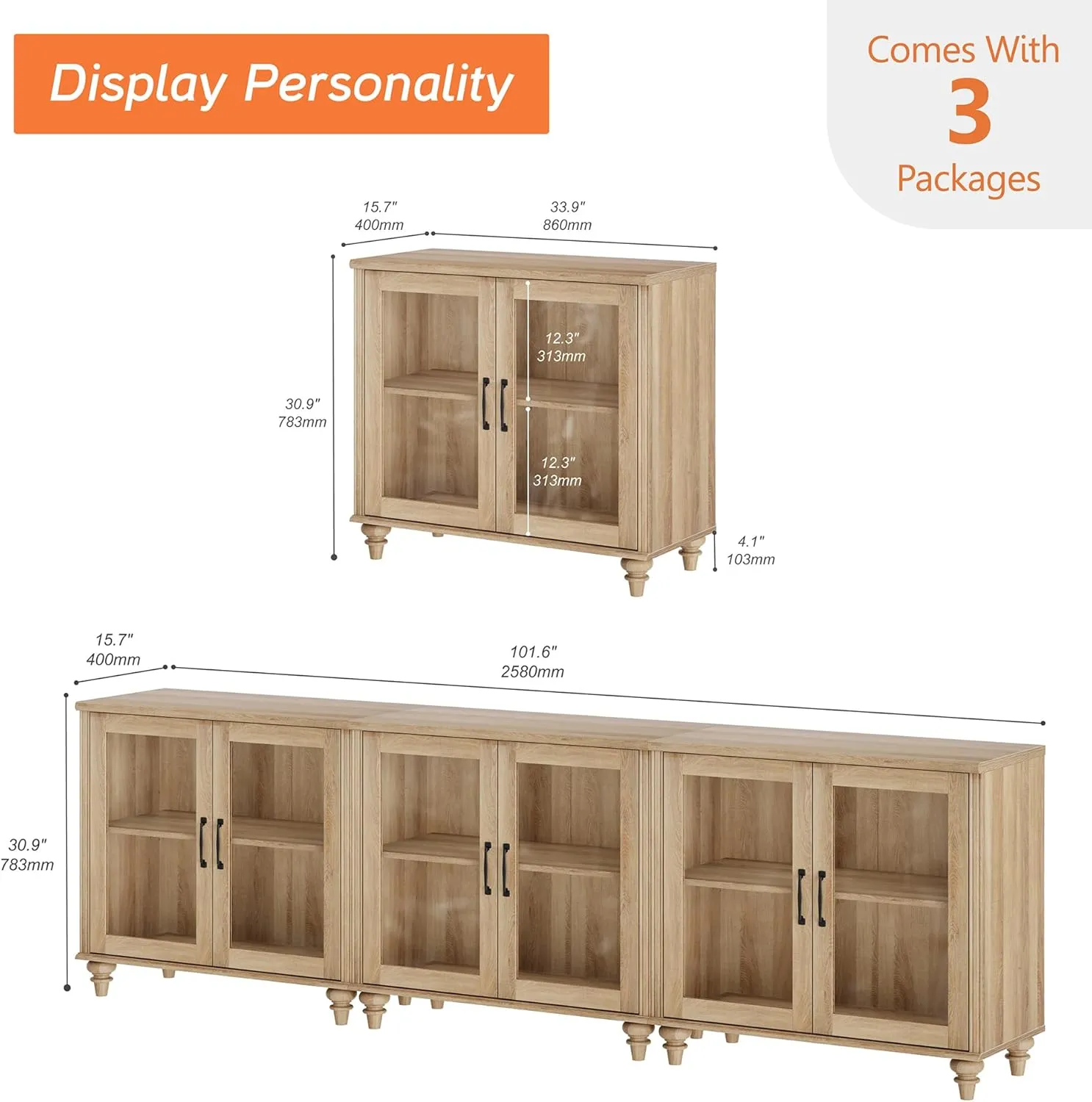 WAMPAT 100 Inch TV Stand with Glass Door, Wood TV Cabinet Entertainment Center for 75/80/85 Inch TV, 3-in-1 Kitchen Buffet Cabinet with 6 Storage Cabinets for Dining Room & Living Room, Oak